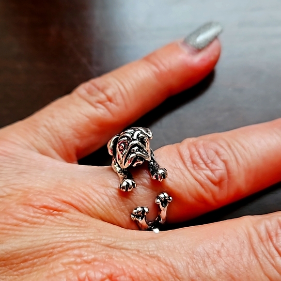 None Jewelry - Trendy Silver with Antique Finish 3D Pug Ring Size 6 (adjustable)